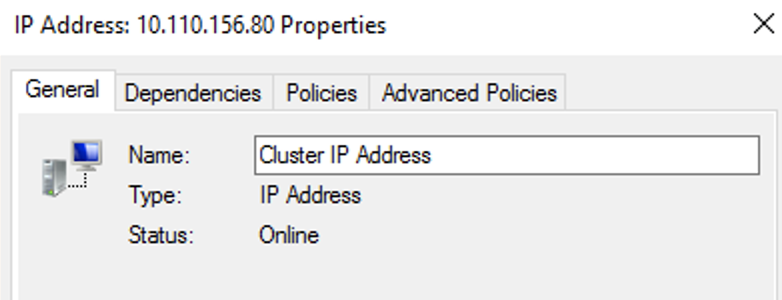 Cluster IP address properties Cluster IP address properties