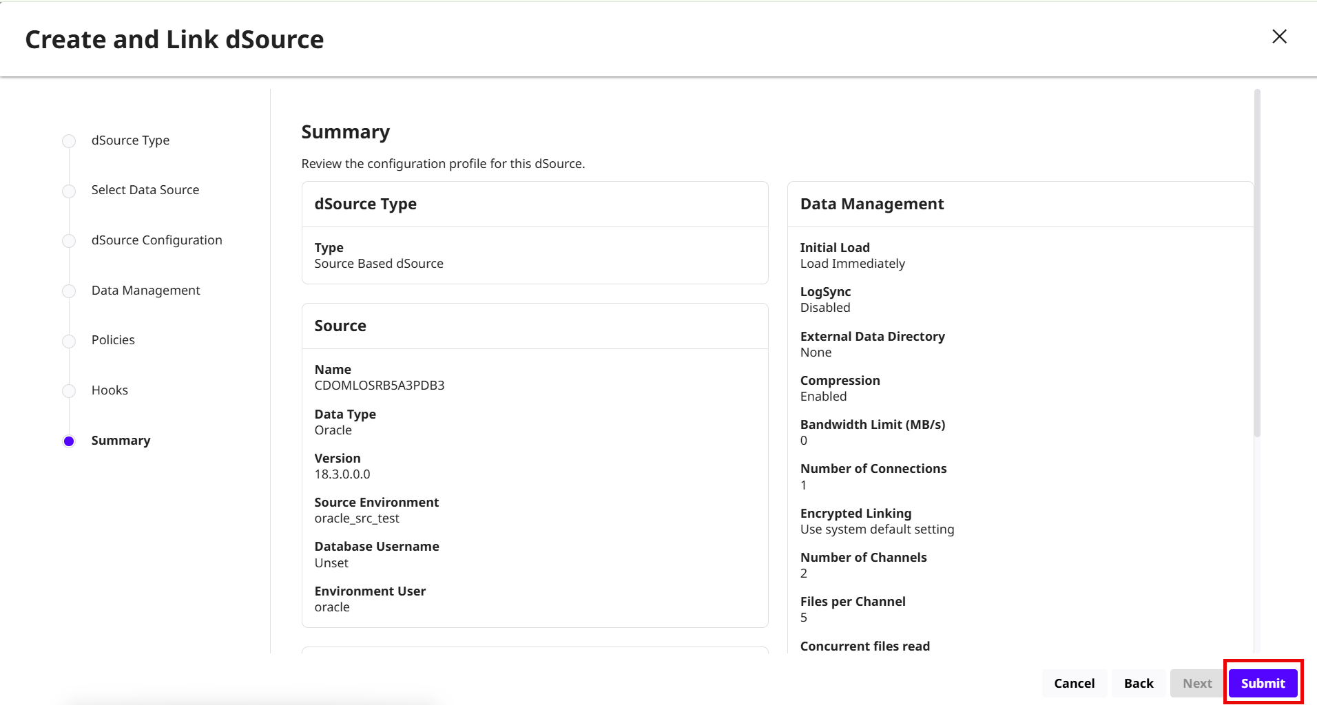 Link an Oracle dSource with source-based ingestion in the DCT ...