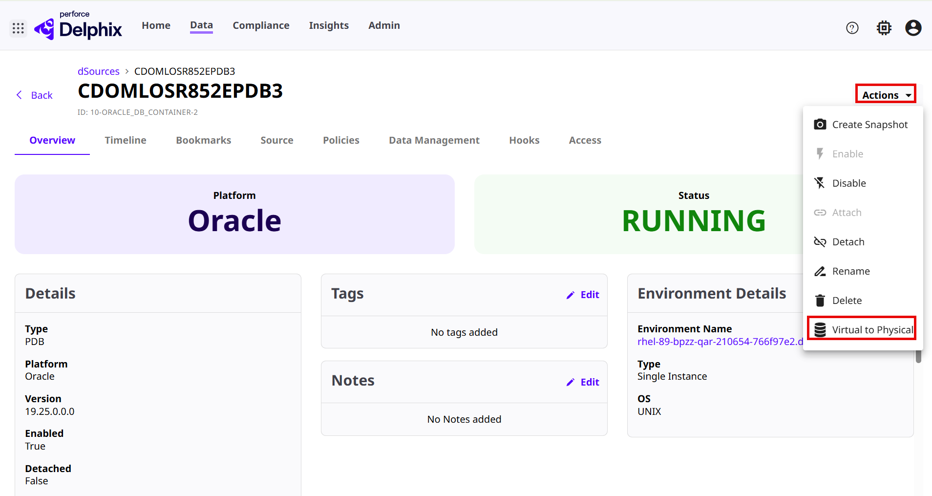 Perform V2P operation on Oracle dSource with Physical Database in DCT