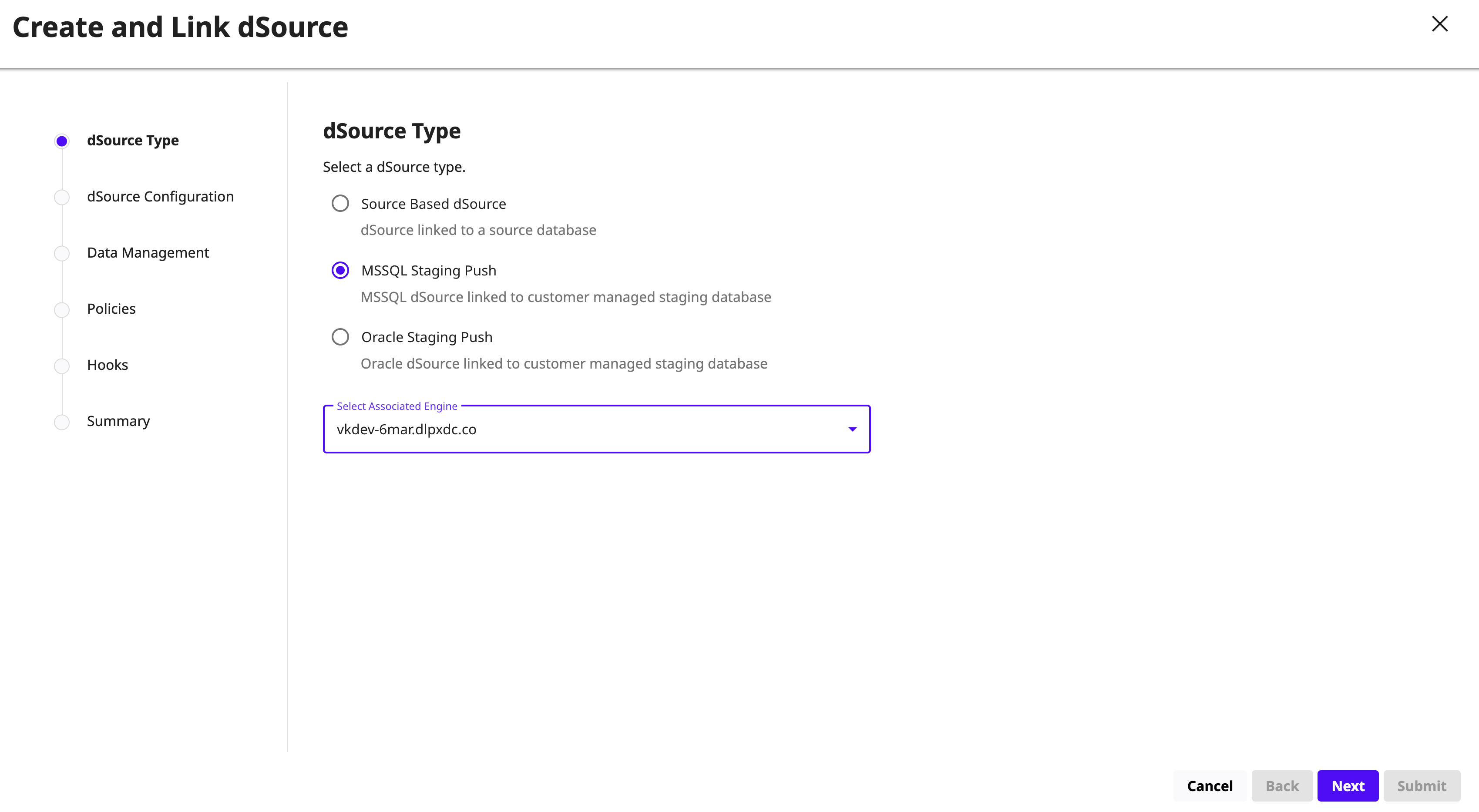 Link an MSSQL Staging Push dSource in DCT