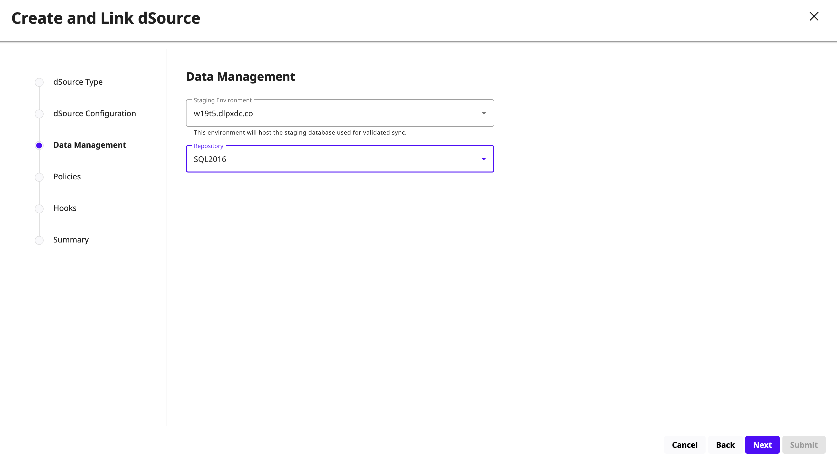 Link an MSSQL Staging Push dSource in DCT